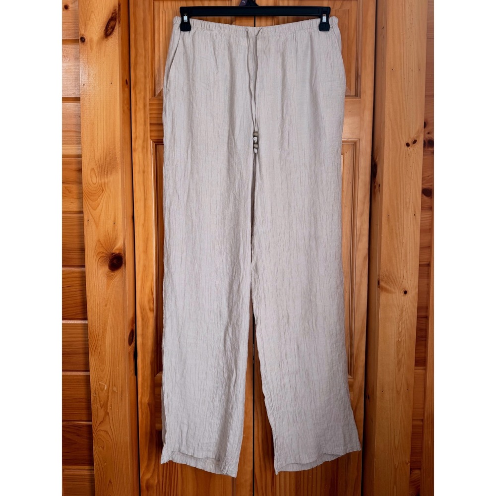 Zara Wrinkle Effect Wide Leg Pants Women's Large Beige Drawstring Pull-On Casual